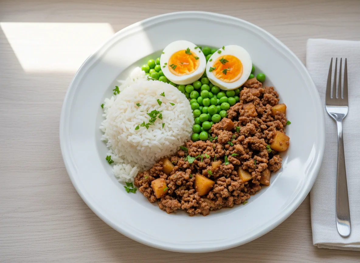 Minced Meat with Rice, Peas, and Boiled Eggs photo