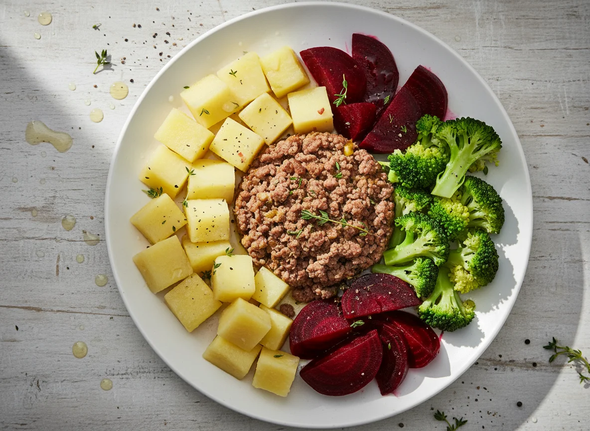 Minced Meat with Yam, Broccoli, and Beetroot photo