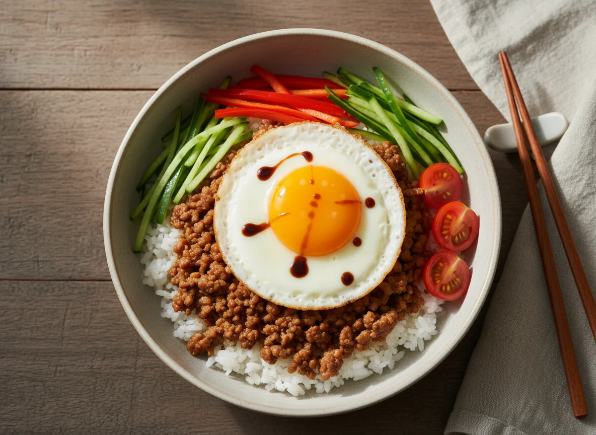 Minced Pork and Rice Bowl with Vegetables photo
