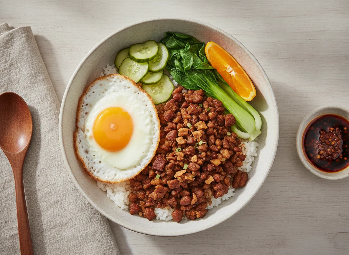Minced Pork Rice with Fried Egg and Bok Choy photo