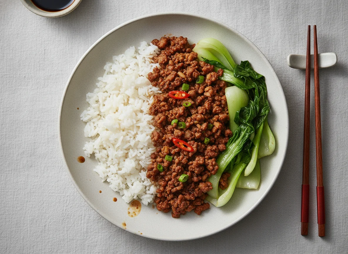 Minced Pork with Rice and Stir-fried Bok Choy photo
