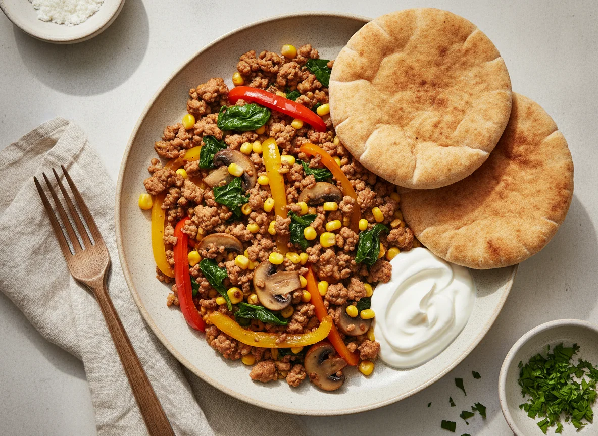 Minced Turkey Stir-fry with Wholemeal Pitta and Sour Cream photo