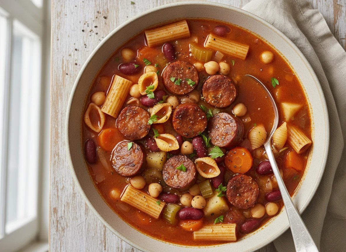 Minestrone soup with beans and pasta and merguez sausage photo