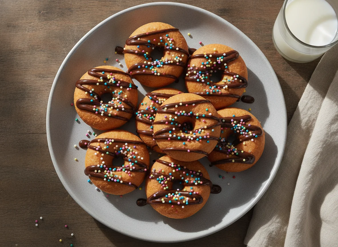 Mini Donuts with Chocolate Drizzle and Sprinkles photo
