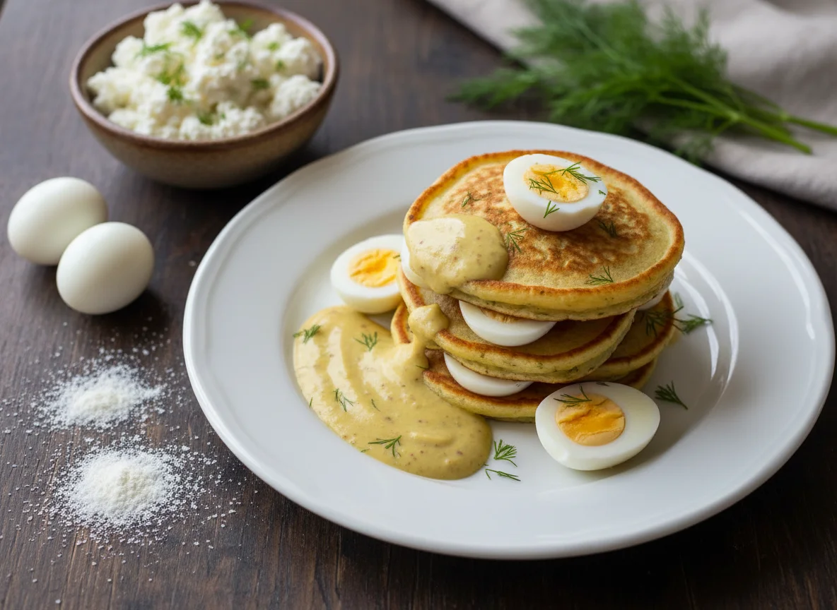 Mini Egg and Cottage Cheese Pancakes with Mustard Sauce photo