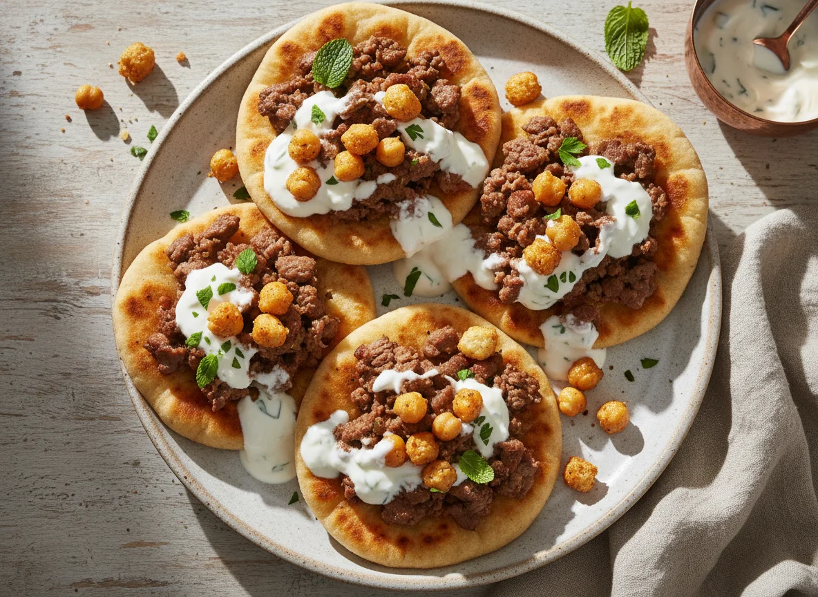 Mini Flatbread with Meat and Creamy Sauce photo