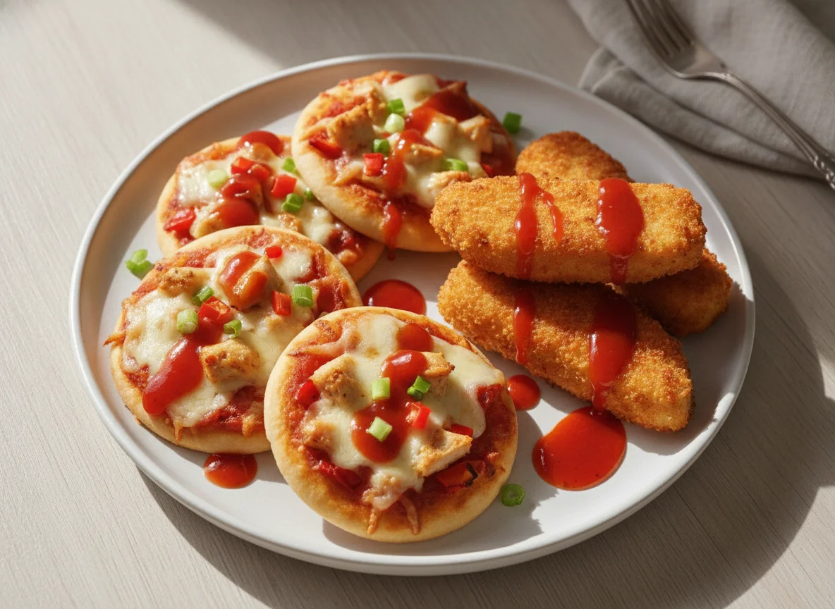 Mini Pizza with Chicken Goujons and Sweet Chilli Sauce photo