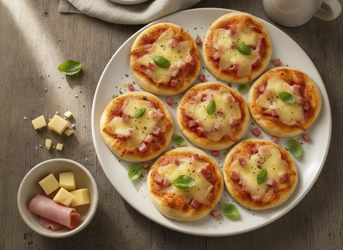 Mini pizzas with ham and cheese photo