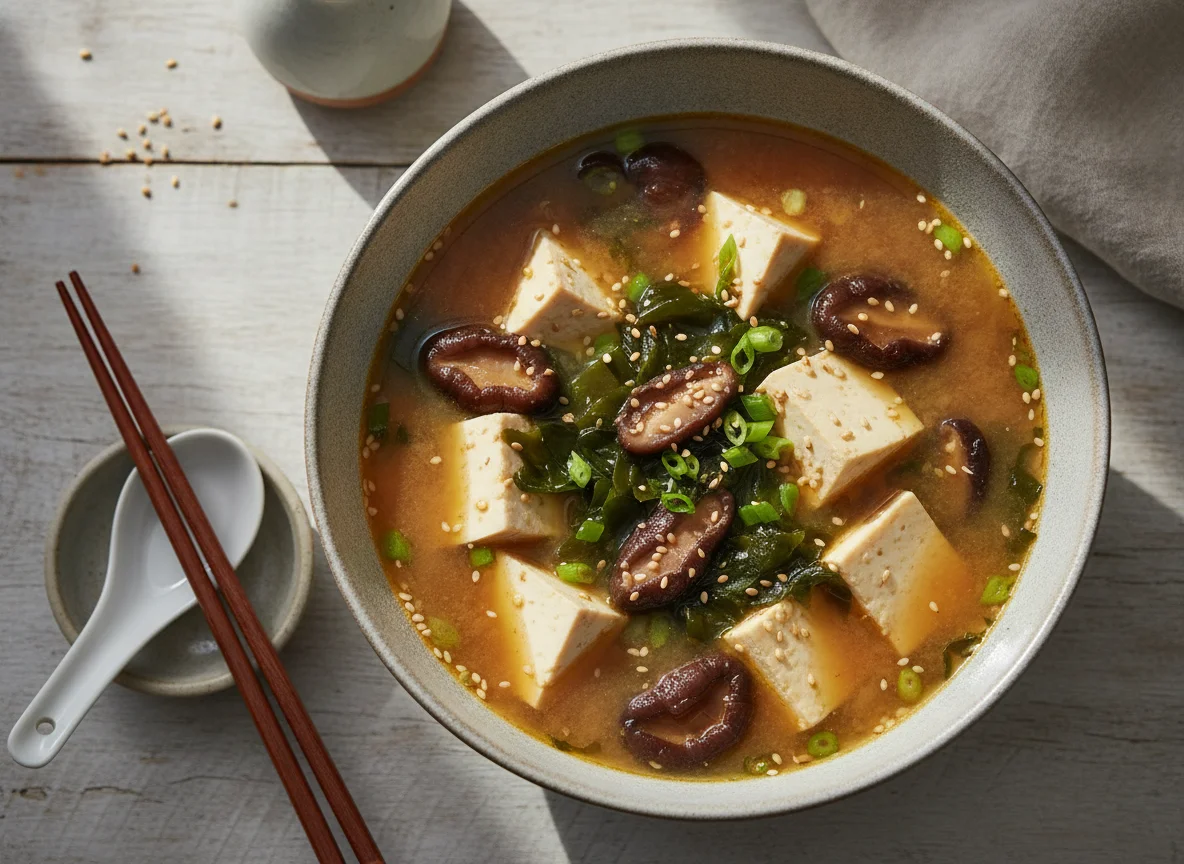 Miso soup with shiitake, tofu, and wakame photo