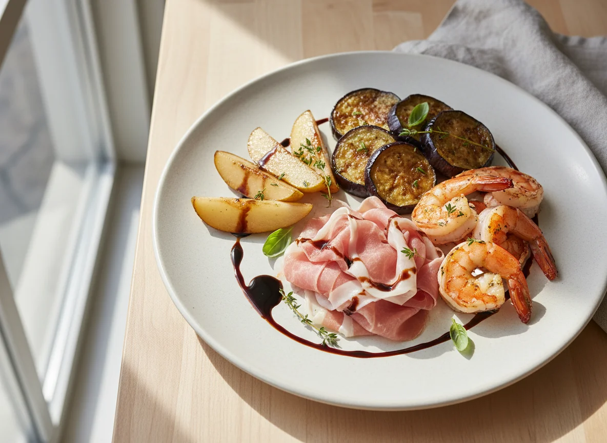 Mixed appetizer plate with pear, eggplant, prosciutto, and shrimp photo