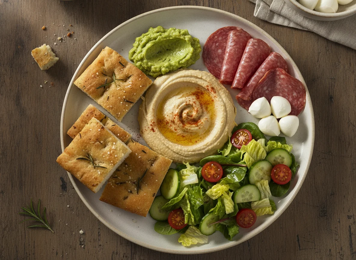 Mixed appetizer plate with salad, hummus, and salami photo