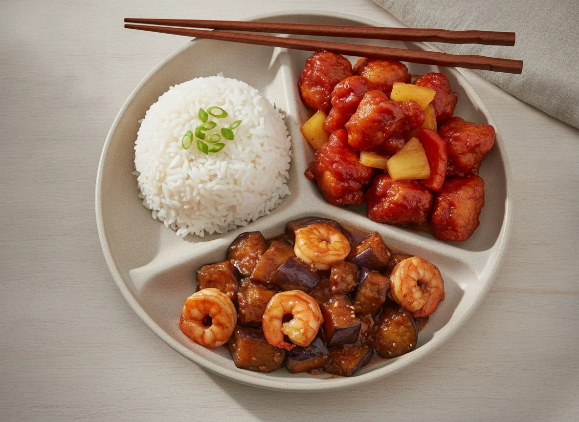 Mixed Asian Meal with Rice, Eggplant Shrimp, and Sweet and Sour Chicken photo