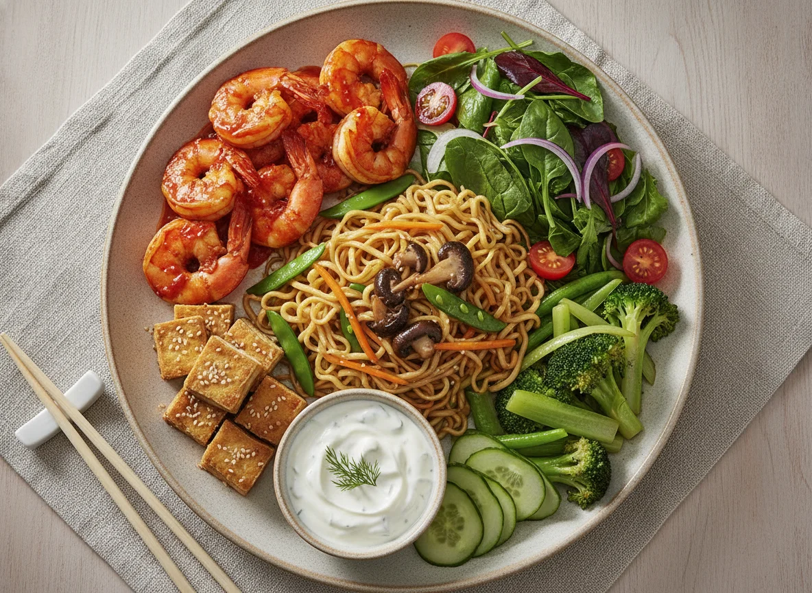 Mixed Asian Platter with Prawns, Tofu, and Noodles photo