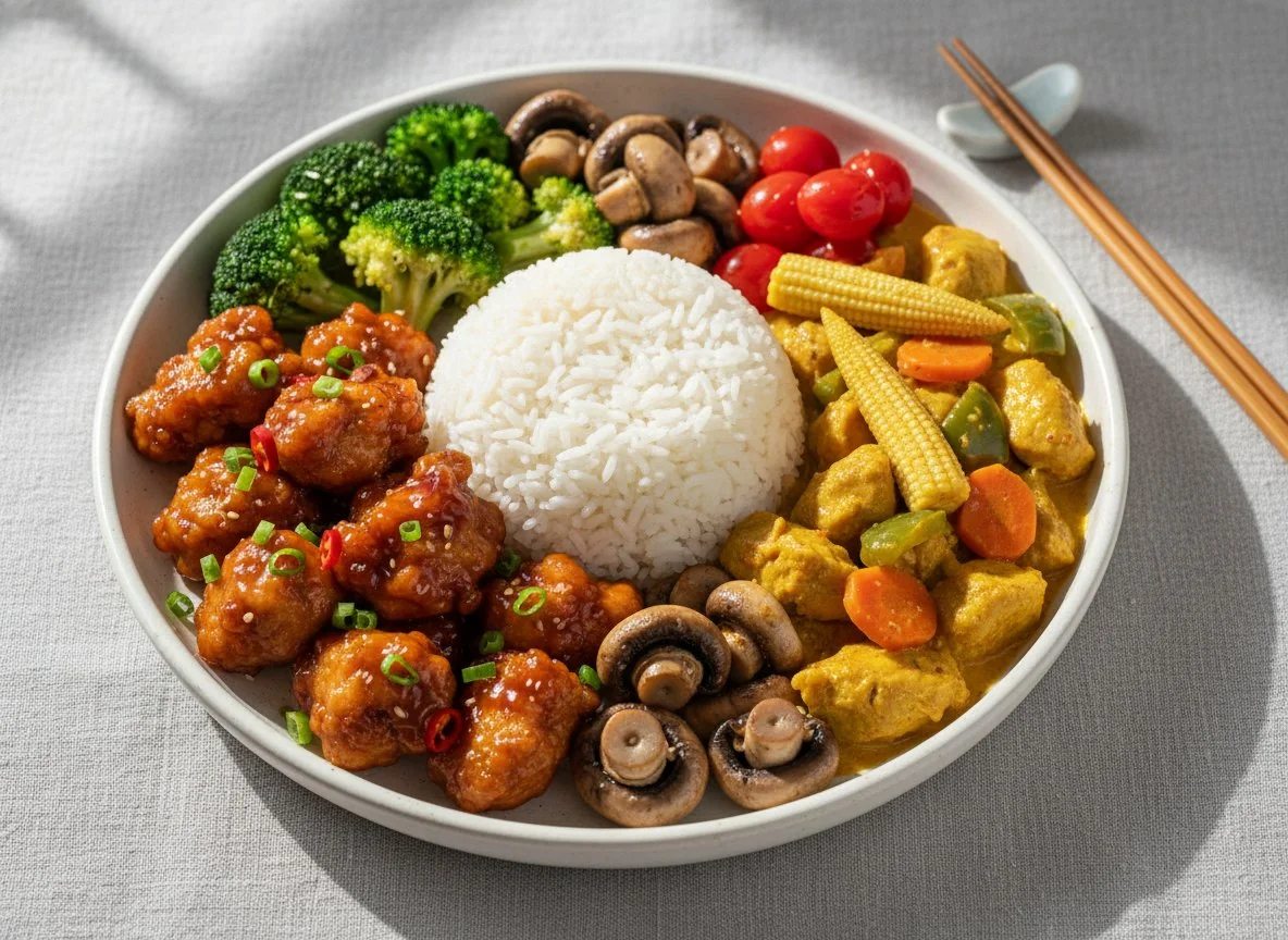 Mixed Asian-style meal with General Tso's Chicken and Curry photo