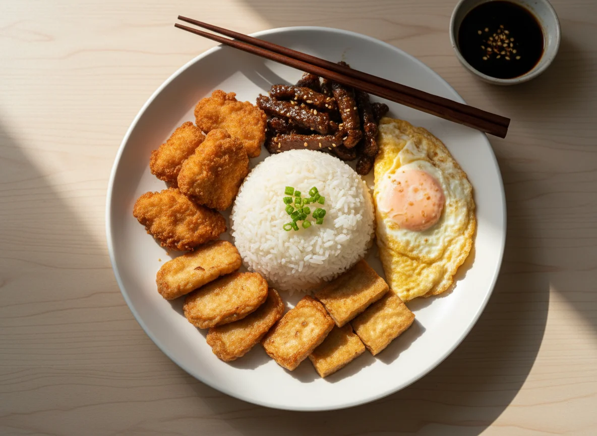 Mixed Asian-style meal with rice, fried items, and egg photo