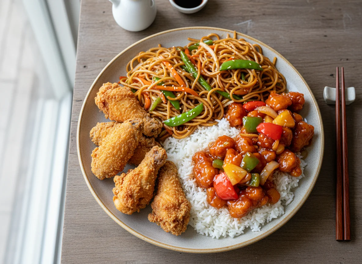 Mixed Asian-style Plate with Chicken, Noodles, and Rice photo