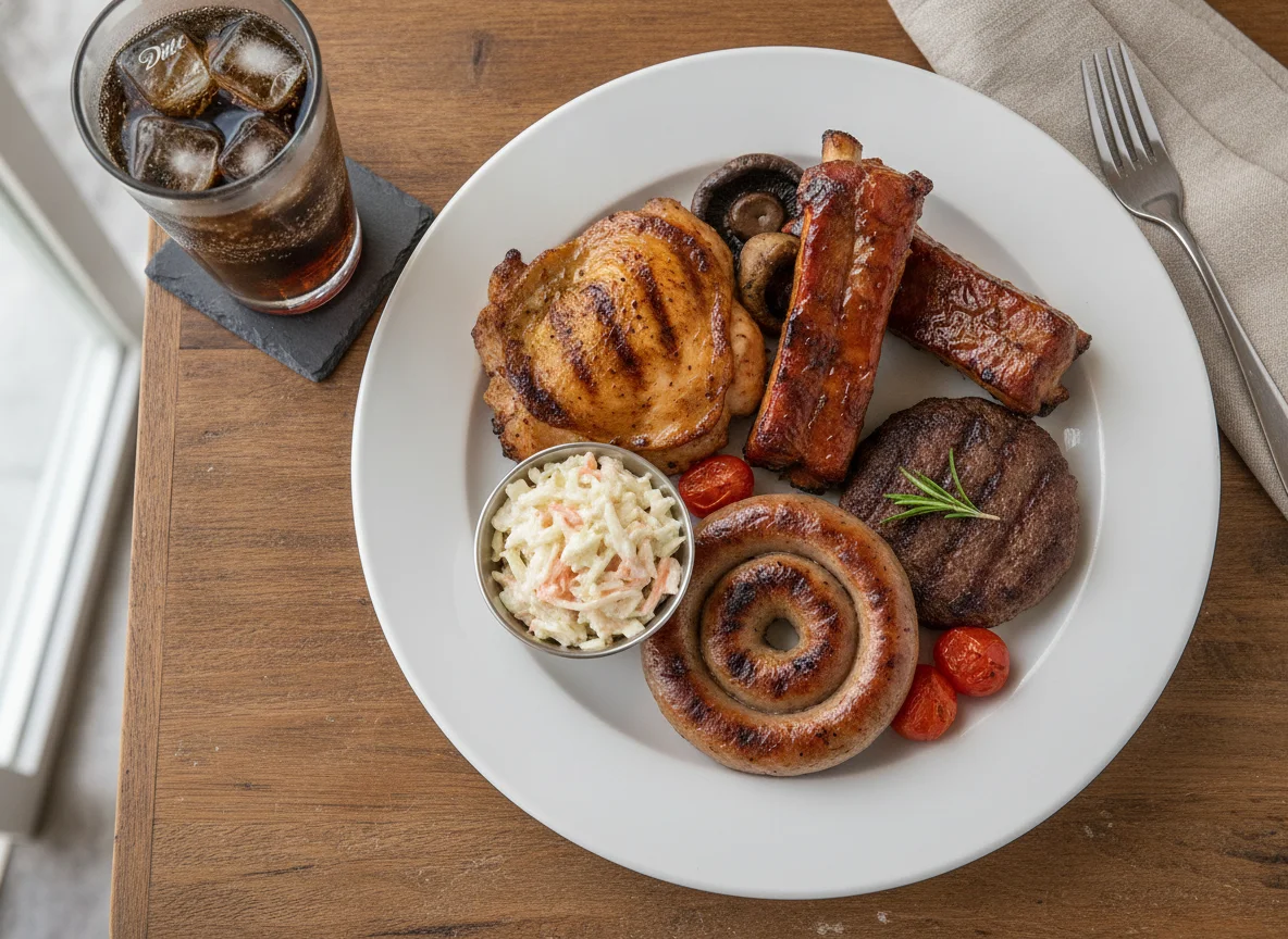 Mixed BBQ Grill Plate with Coleslaw and Diet Coke photo
