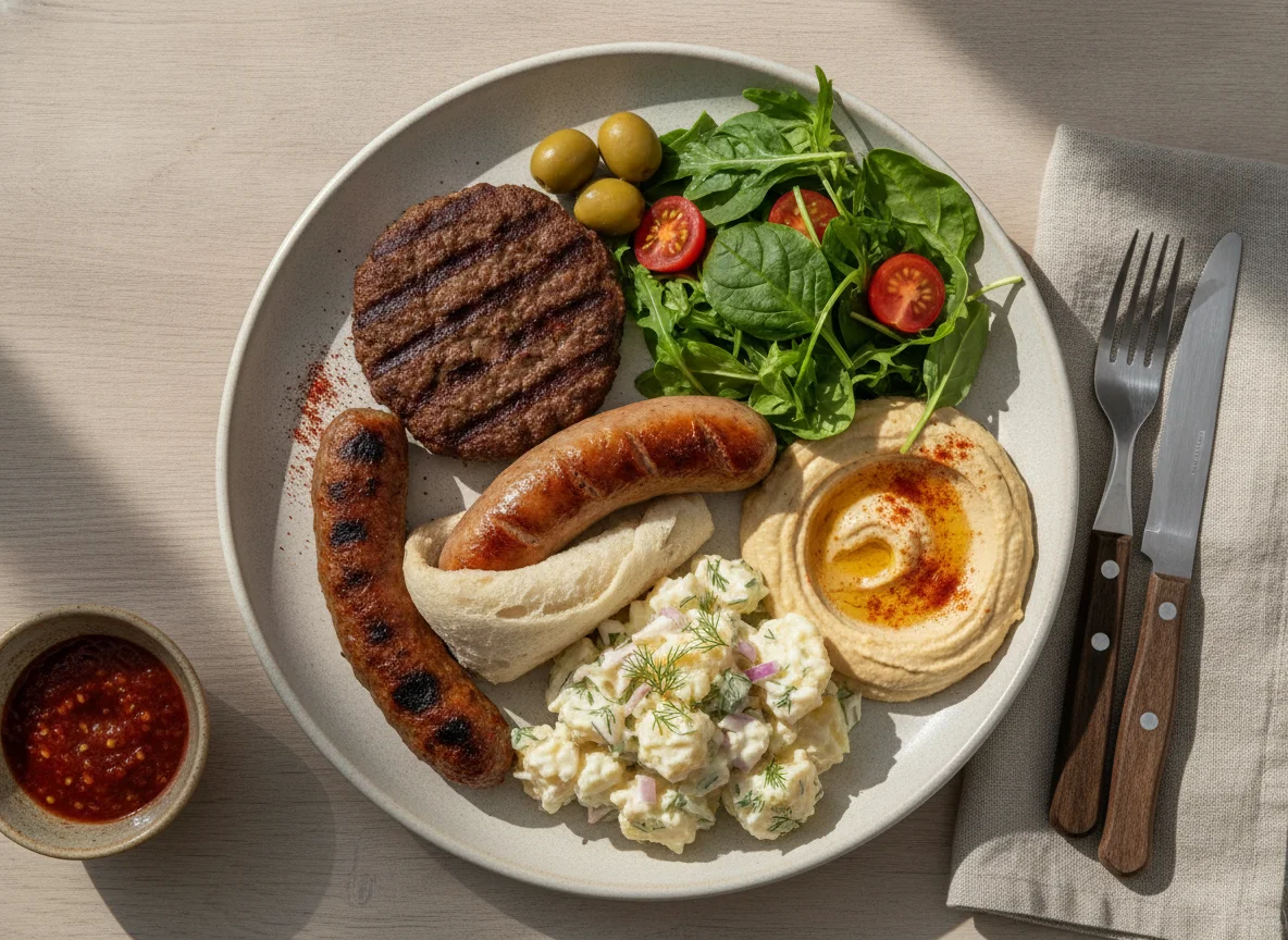 Mixed BBQ Plate with Sausage Roll, Beef Patty, and Potato Salad photo