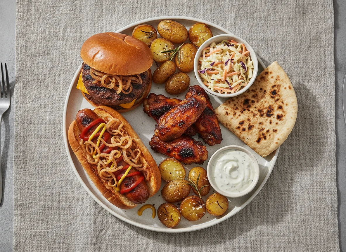 Mixed BBQ Platter with Burger, Hot Dog, and Sides photo