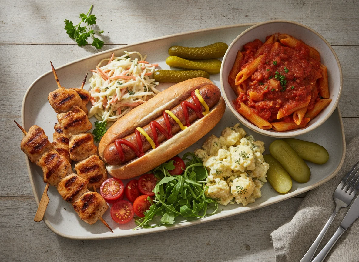 Mixed BBQ Platter with Hot Dog and Pasta Salad photo