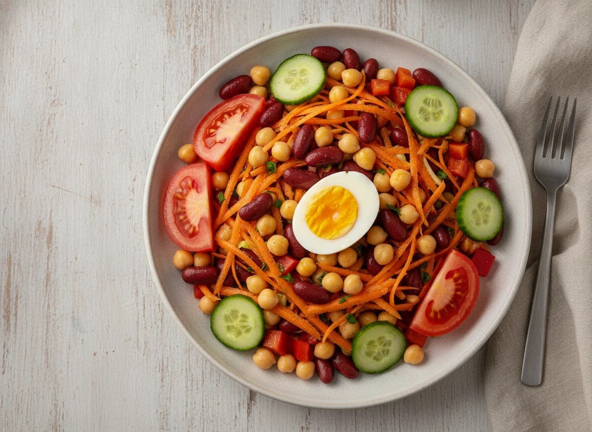 Mixed bean and carrot salad with boiled egg and fresh vegetables photo