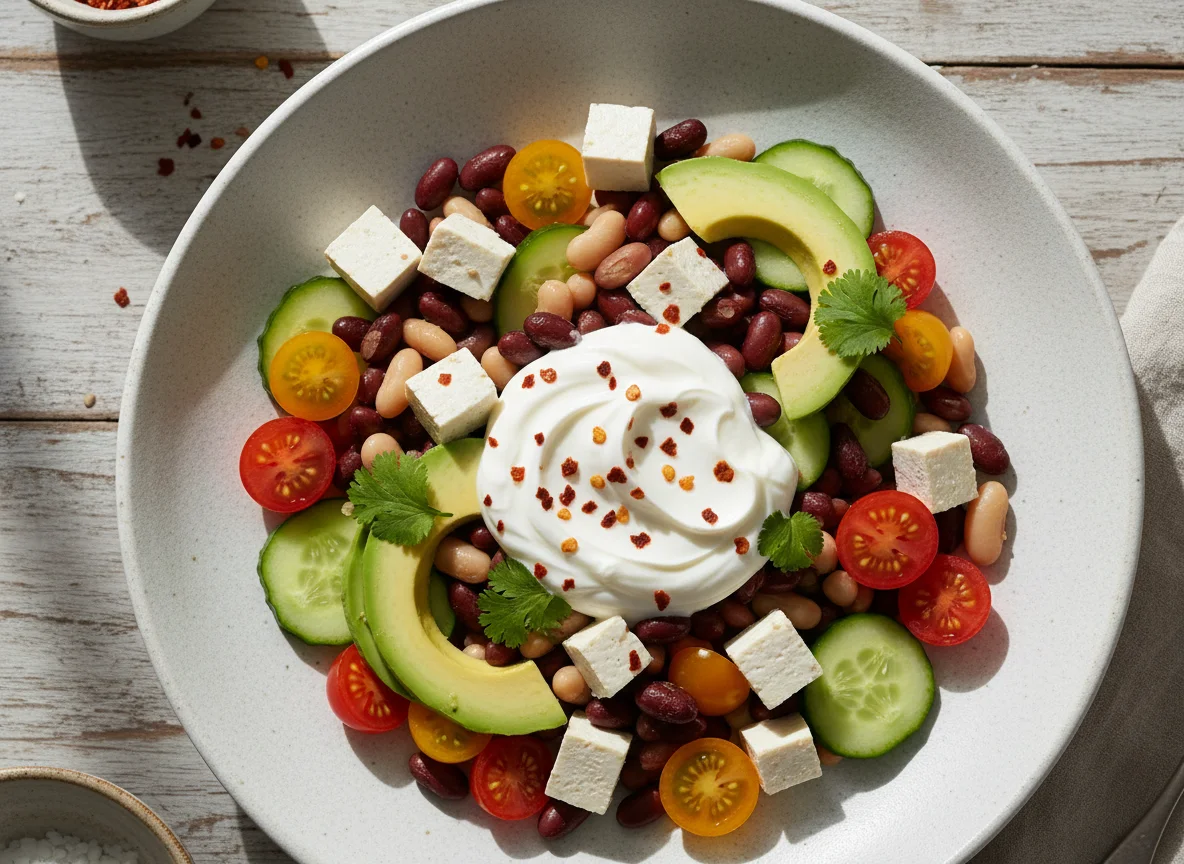 Mixed Bean and Tofu Salad with Yogurt and Vegetables photo