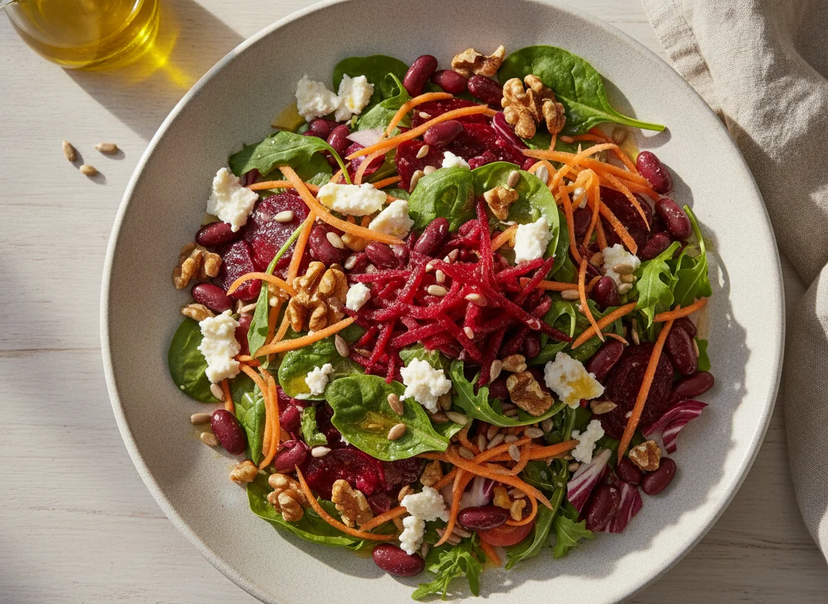 Mixed Bean and Vegetable Salad with Cheese and Walnuts photo