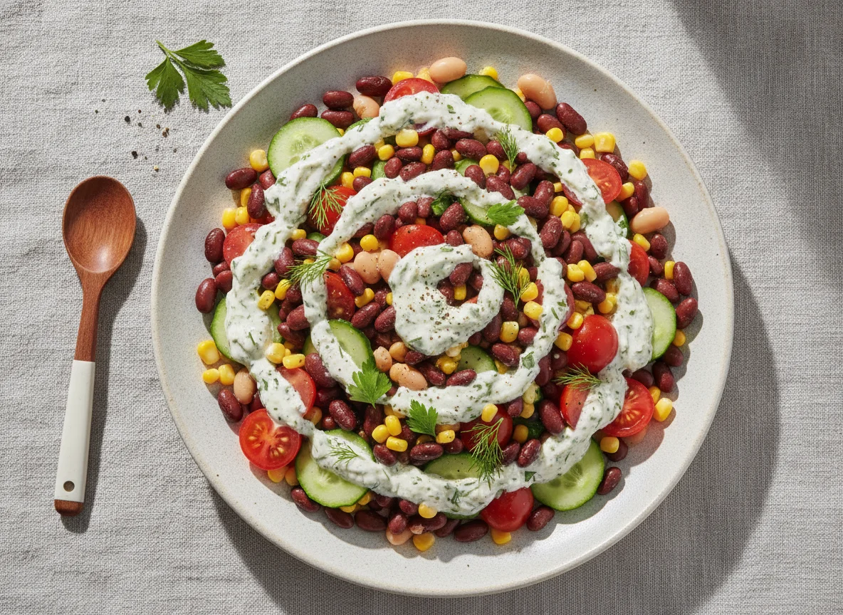 Mixed Bean and Vegetable Salad with Creamy Dressing photo
