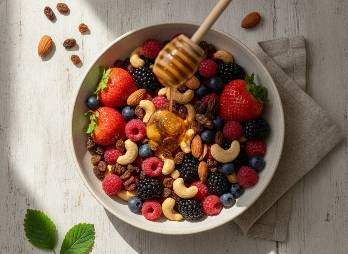Mixed Berry and Nut Bowl with Honey photo