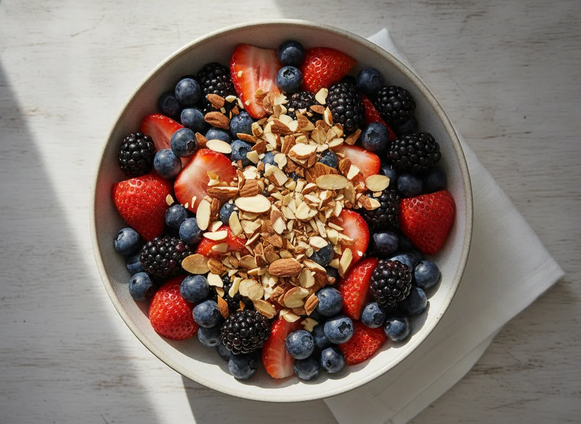 Mixed Berry Bowl with Chopped Almonds photo