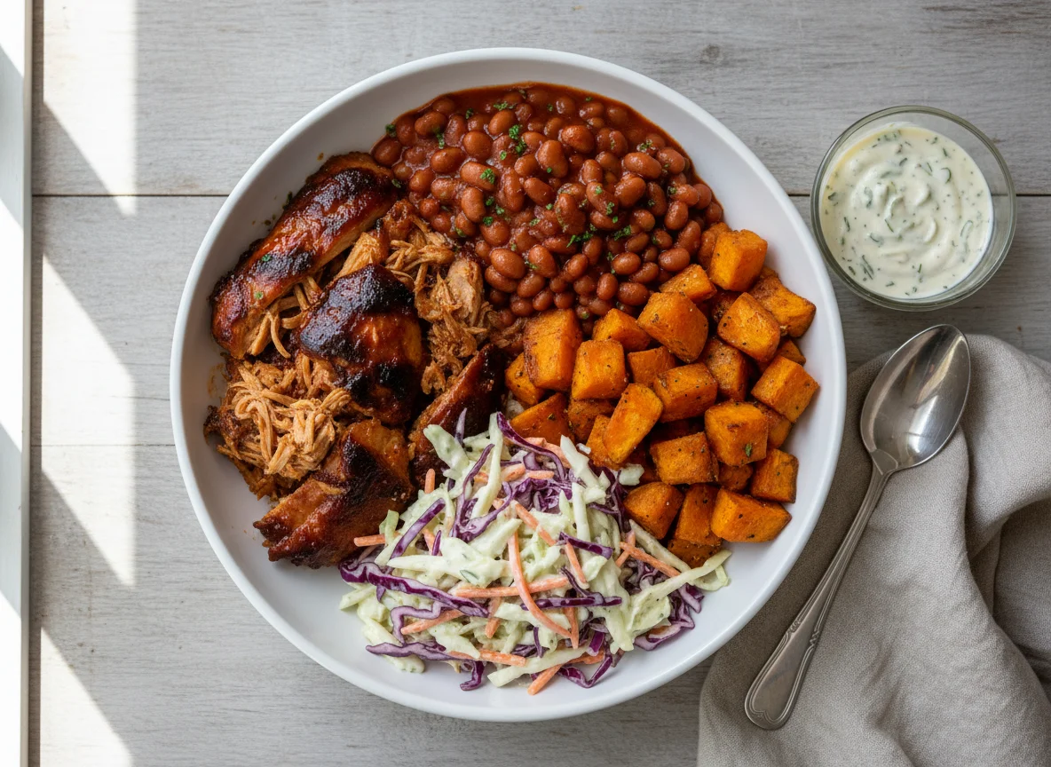Mixed Bowl with Chicken, Beans, Sweet Potato, and Coleslaw photo
