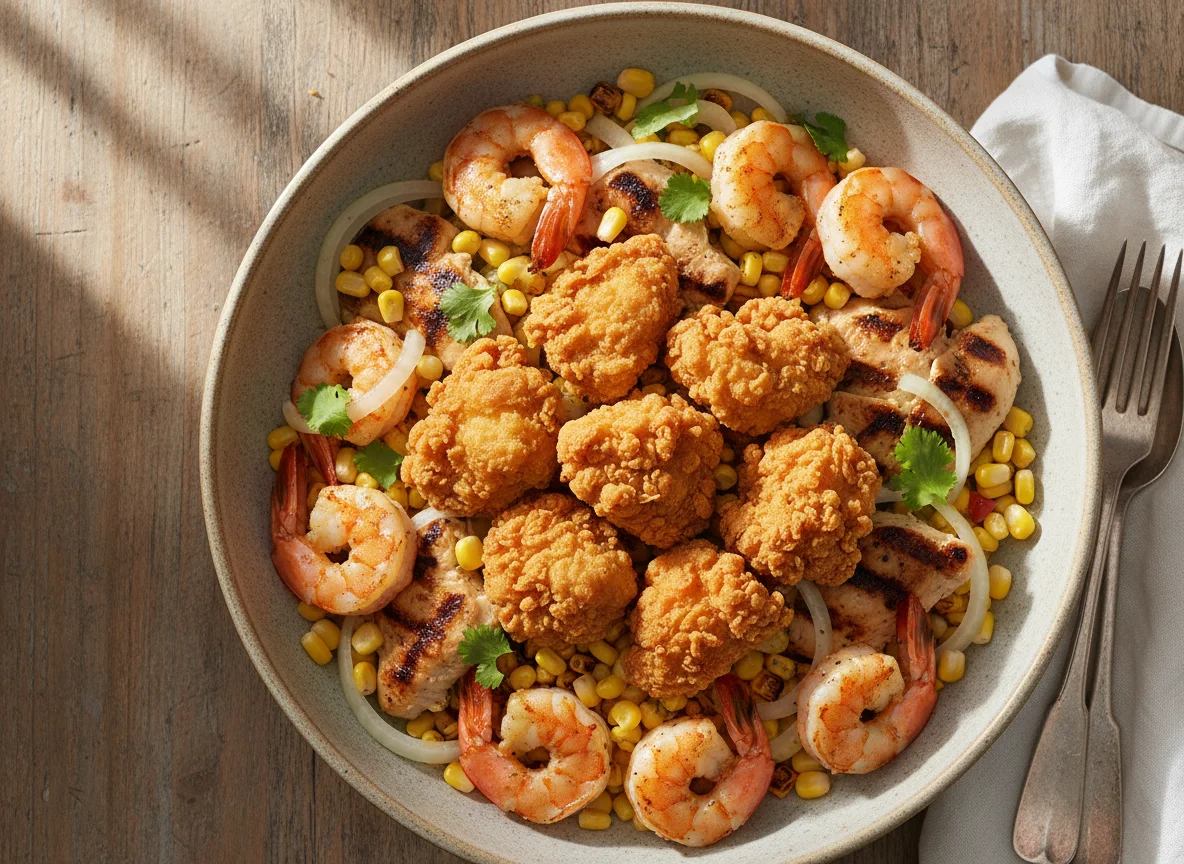 Mixed Bowl with Fried Chicken, Shrimp, Corn, and Chicken photo