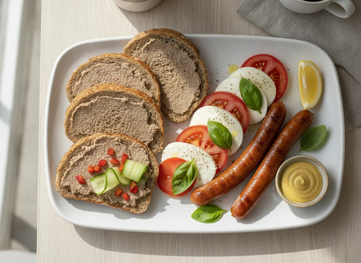 Mixed breakfast plate with Caprese and bread photo