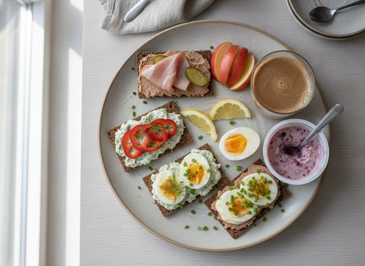 Mixed breakfast plate with open sandwiches, egg, and fruit photo