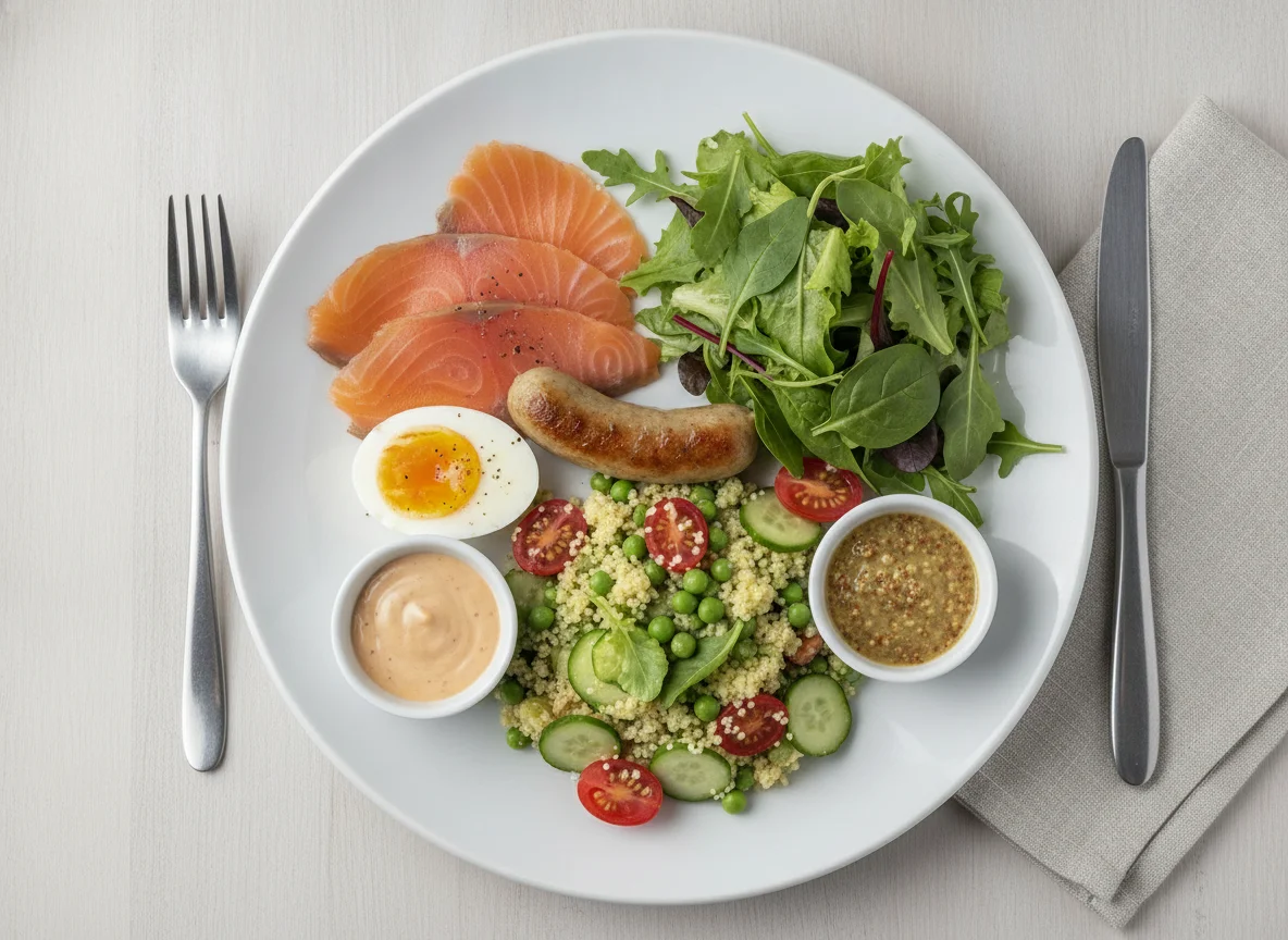 Mixed breakfast plate with salmon, sausage, and egg photo