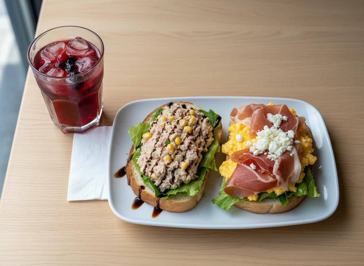 Mixed Breakfast Plate with Sandwich and Drink photo