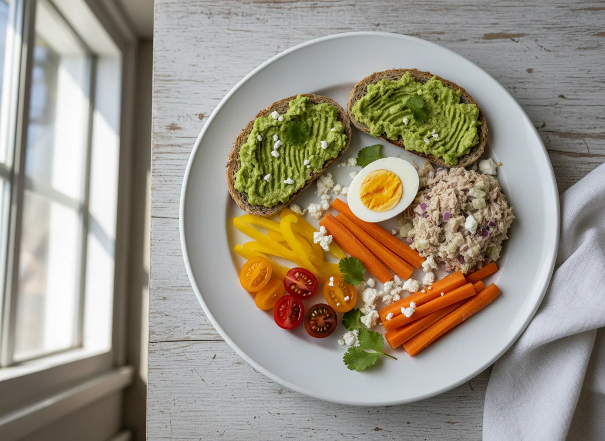 Mixed breakfast plate with toasts, eggs, and vegetables photo