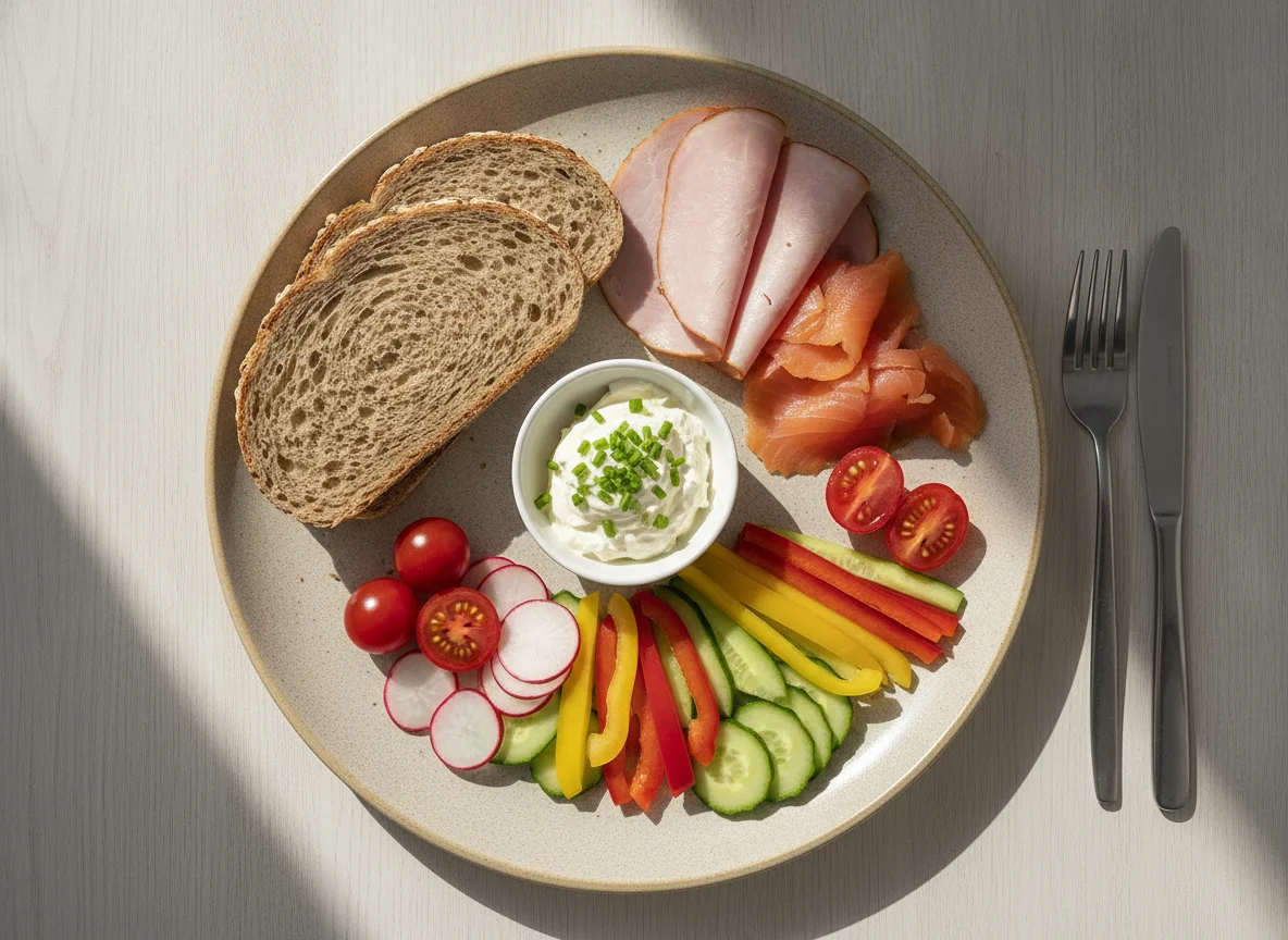 Mixed breakfast plate with whole grain bread, cold cuts, and vegetables photo