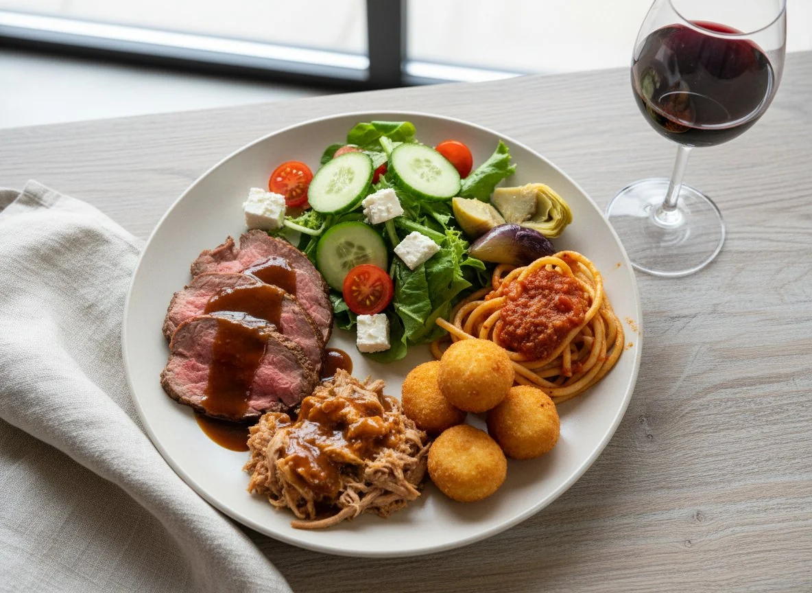 Mixed Buffet Meal with Salad and Wine photo