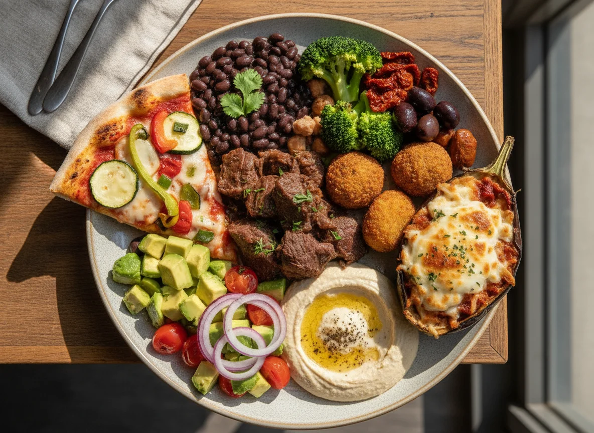 Mixed Buffet Plate with Beef, Beans, and Pizza photo