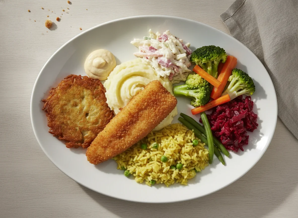 Mixed buffet plate with fish and vegetables photo