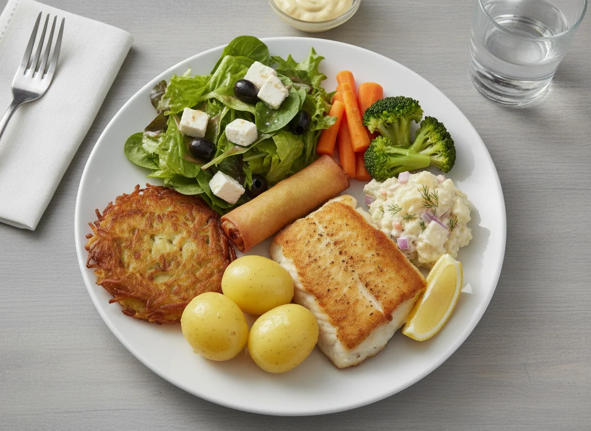 Mixed buffet plate with fish, spring roll, and vegetables photo