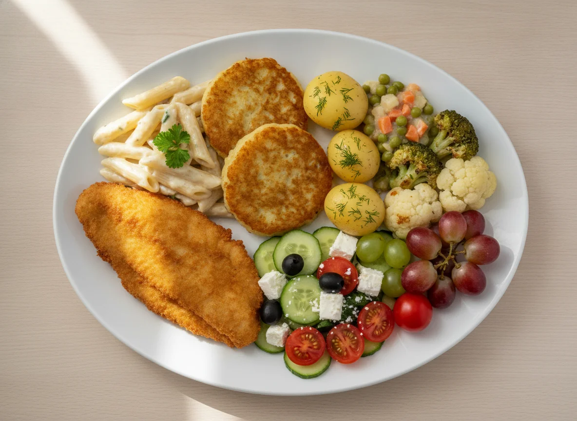 Mixed buffet plate with fried fish, pasta, and vegetables photo