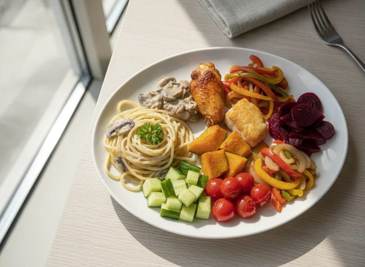 Mixed Buffet Plate with Pasta, Chicken, and Vegetables photo