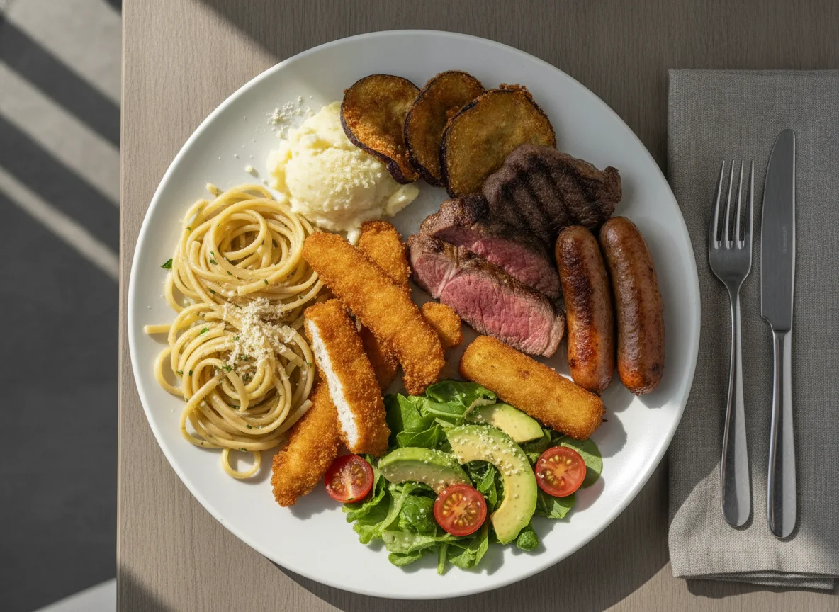 Mixed Buffet Plate with Pasta, Meats, and Vegetables photo