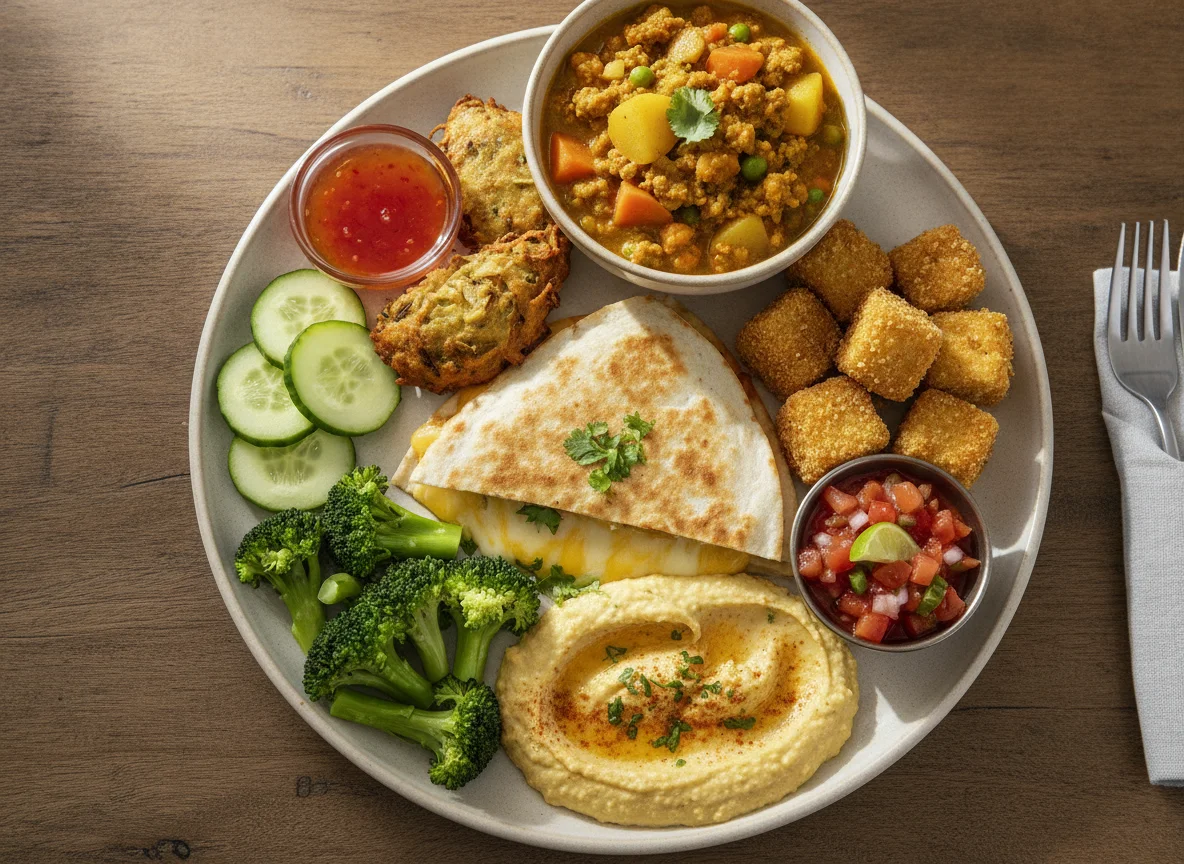 Mixed Buffet Plate with Quesadilla and Tofu photo