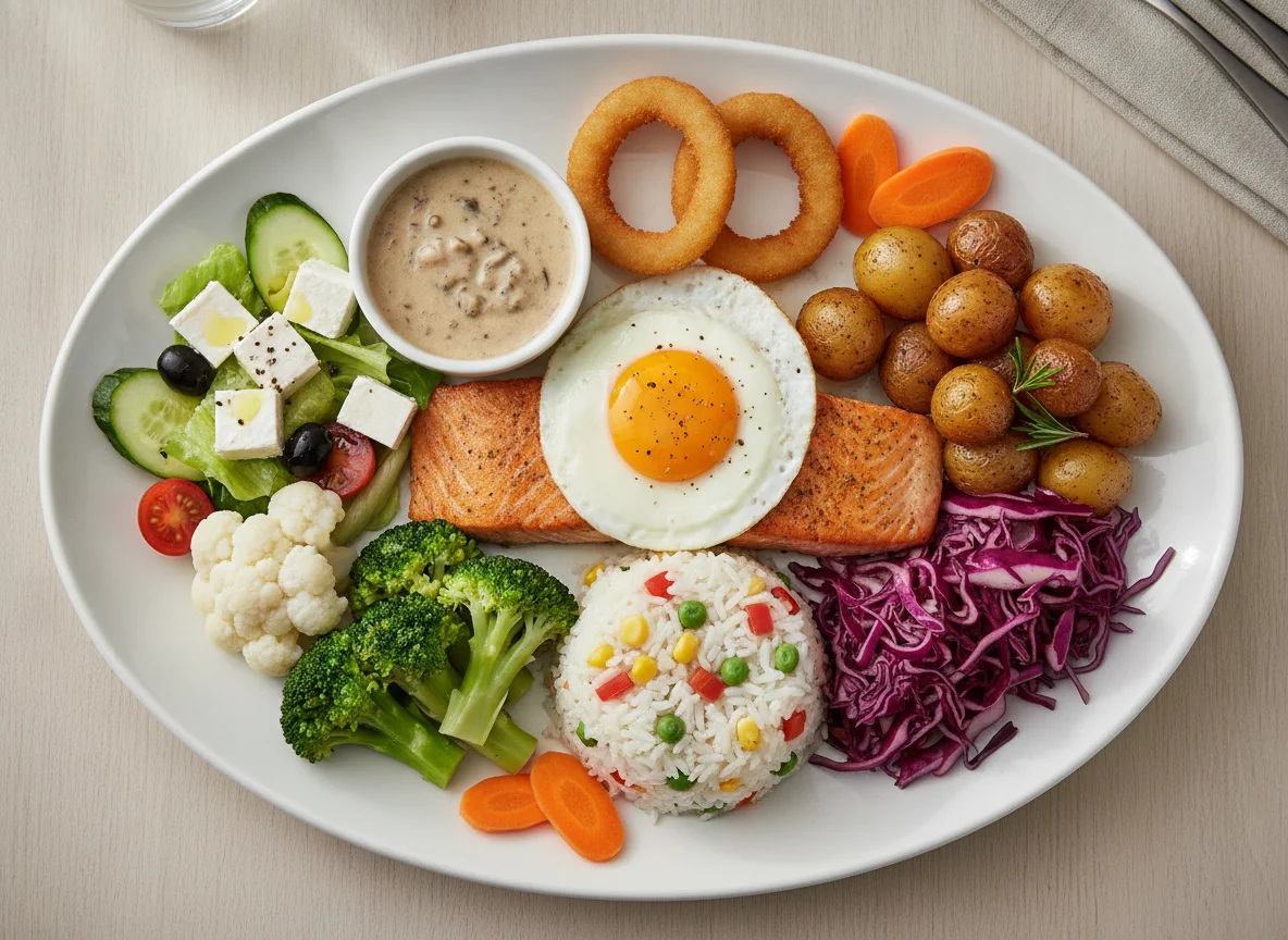 Mixed buffet plate with salmon, egg, and vegetables photo