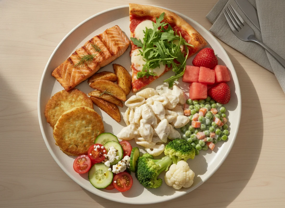 Mixed buffet plate with salmon, pizza, and vegetables photo