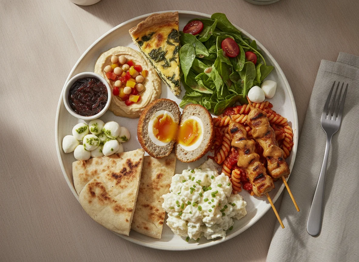 Mixed Buffet Plate with Scotch Egg and Flatbread photo