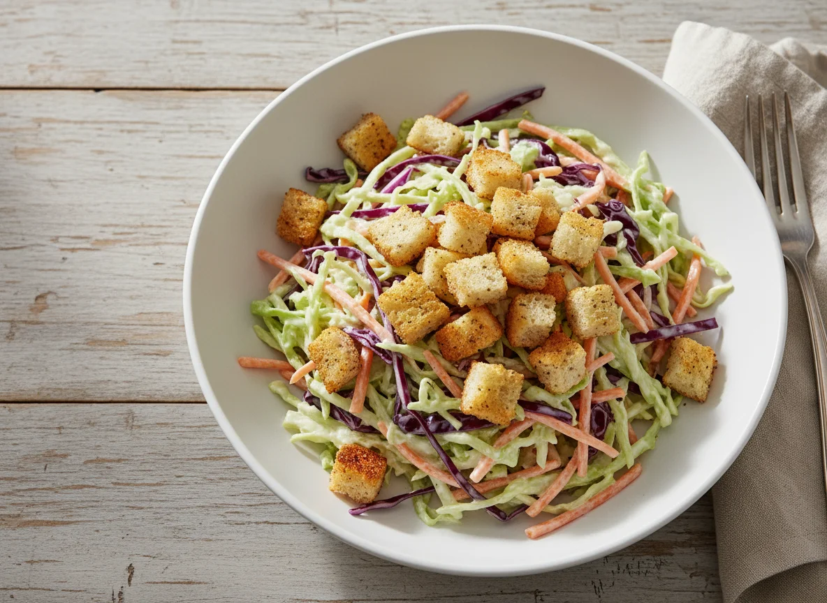 Mixed Cabbage Salad with Creamy Dressing and Croutons photo